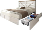 AMERLIFE King Size Farmhouse Bed Frame with 4 Drawers, Wooden Storage Bed Frame with Headboard and Heavy Duty Metal Slats, Noisy Free, Easy Assemble, White/Barnwood