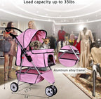 Dkeli 3-Wheel Pet Stroller, Lightweight Foldable Dog Stroller for Small Medium Dogs & Cats, Breathable Mesh & Weather Cover with Storage Basket, for Daily Walk Outdoor Travel (Pink)