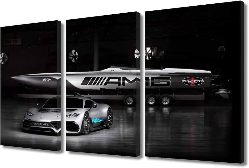 TUMOVO 3 Pieces Black and White Sport Car Canvas Giclee Print Painting Picture Wall Art Home Decor Gifts for Boy Room Ready to Hang - 12 x 24 inch x 3 Panels