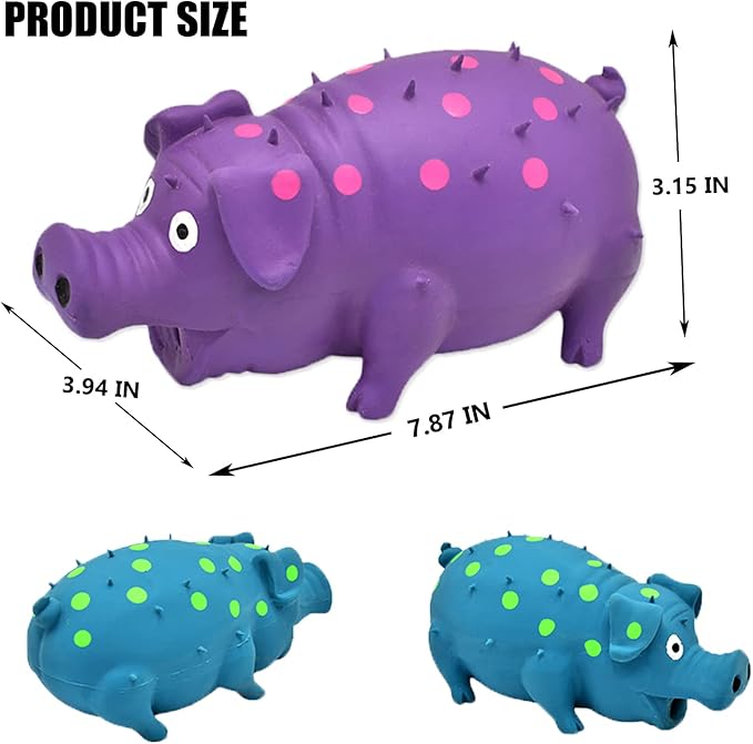 Pig Squeaky Dog Toy, 2 PCS Interactive Rubber Dog Chew Toy - Durable Latex Spot Grunting Pig Toys That Oink for Small Medium Large Dogs (Blue, Purple)