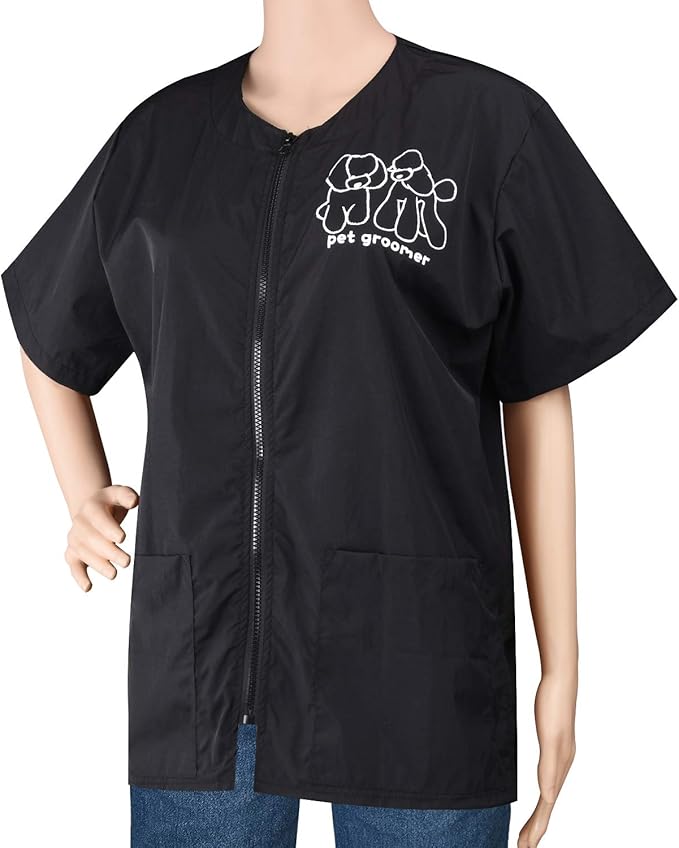 Noverlife Short Sleeves Pet Grooming Work Clothes with Full Zipper, 3XL Size, Splash Proof Anti-Static Pet Beautician Smock, Dog Cat Groomer Cosmetologist Uniforms for Pet Shop Men Women