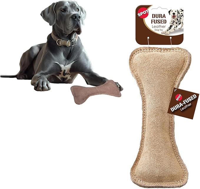 SPOT Dura-Fused Leather Bone- Durable Dog Toy with Squeaker, Real Leather & Jute Fabric, Interactive Toy for Moderate & Aggressive Chewers, Medium & Large Dogs and Puppies, 9 inch