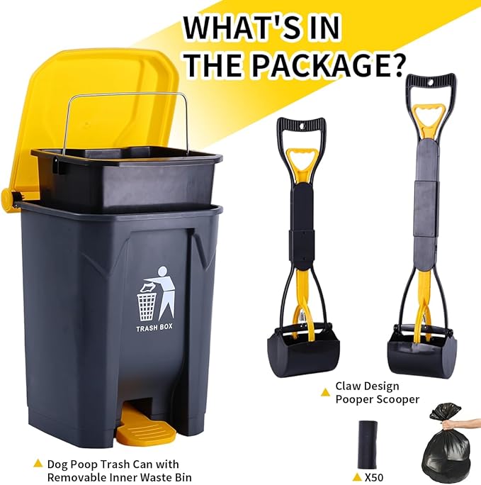 Pooper Scooper 2 Pack with 20 Litre Step Dog Poop Trash Can, 28" Long Handle Dog Poop Scoopers for Large Small Dogs Heavy Duty, Removable Inner Bucket for Outdoors, 50 Waste Bags Included