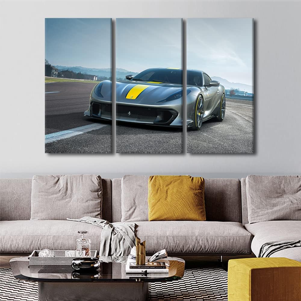 Gray Sports Car Pictures for Living Room Supercar on the Runway Wall Art Prints on Canvas Speedy Car Painting Modern Artwork Wall Decor for Boys Bedroom Office Bathroom Decor Ready to Hang, 42"Wx28"H