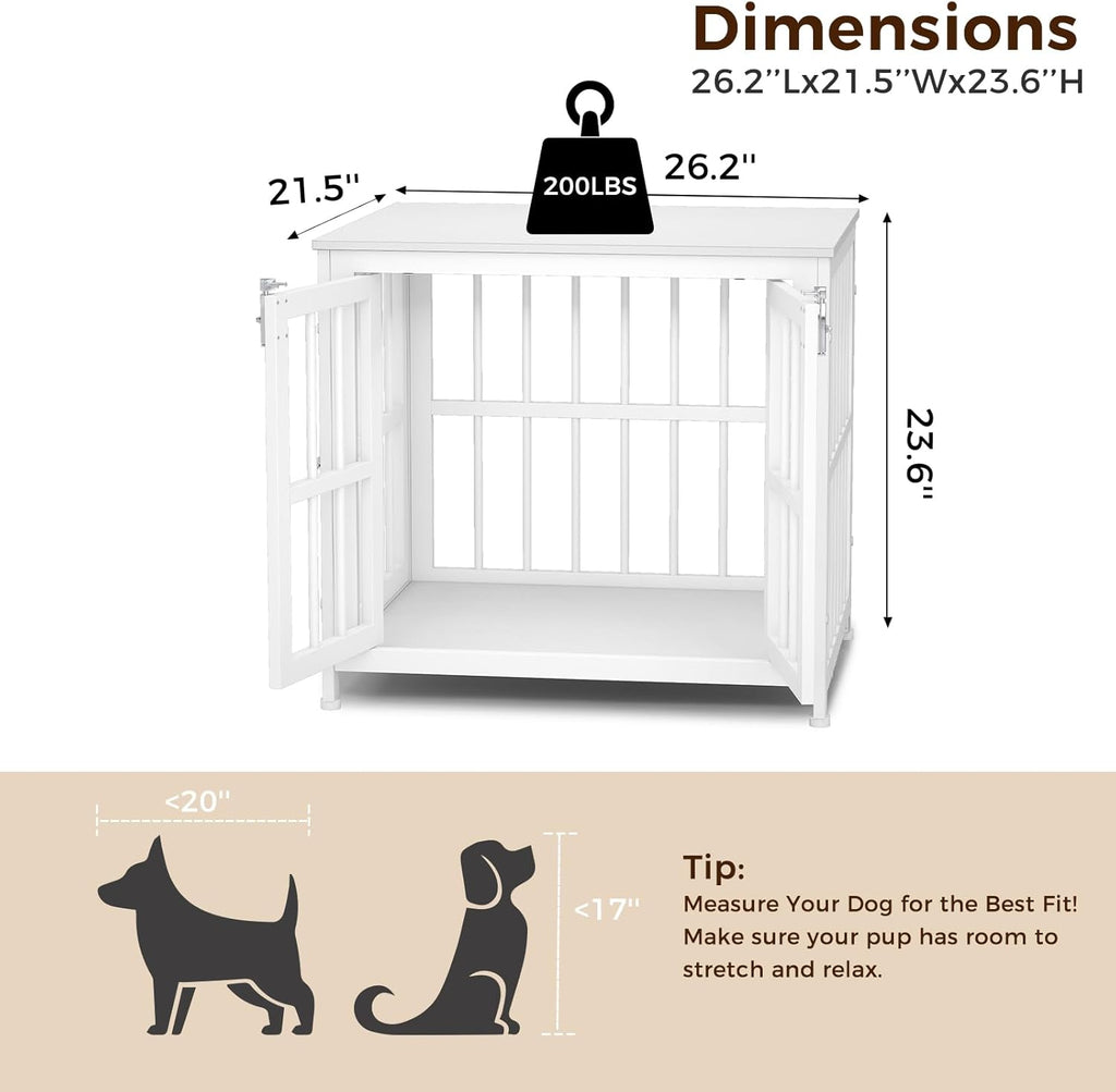 26 Inch Heavy Duty Wooden Dog Kennel End Table with Double Door Design and Secure Locks, Indoor Pet Crate Furniture for Small Dogs, Decorative Home Cage Design,White