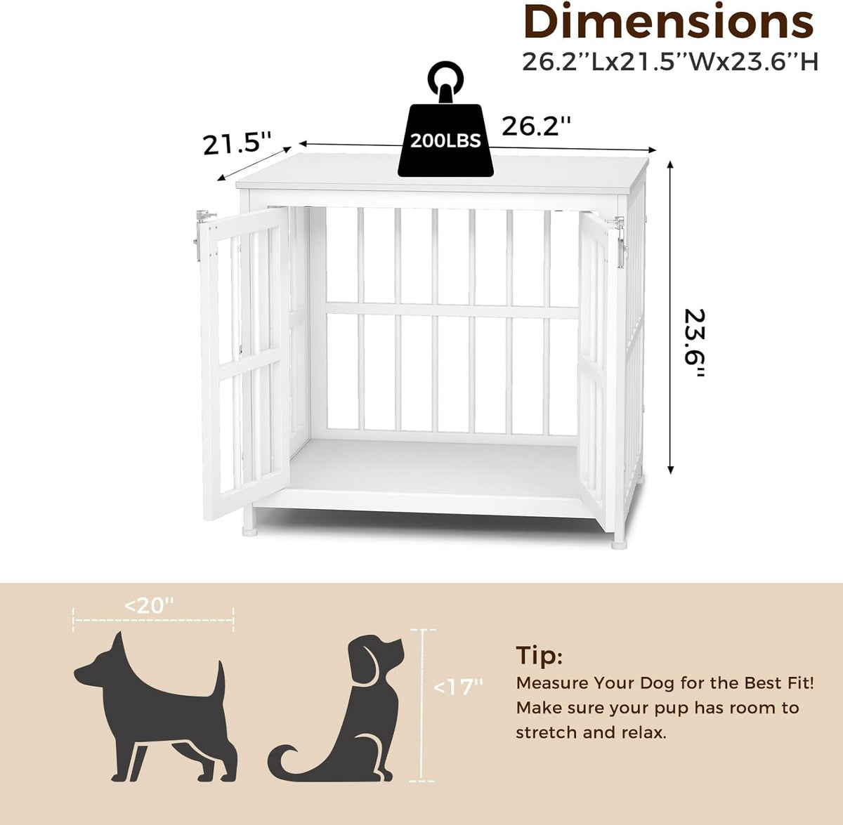 26 Inch Heavy Duty Wooden Dog Kennel End Table with Double Door Design and Secure Locks, Indoor Pet Crate Furniture for Small Dogs, Decorative Home Cage Design,White