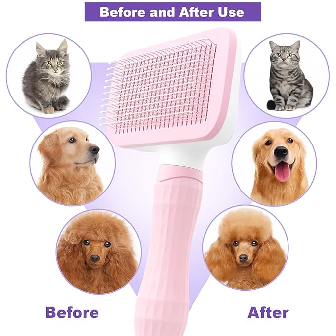 Self Cleaning Slicker Brush, Dog Cat Bunny Pet Grooming Shedding Brush, Easy to Remove Loose Undercoat, Pet Massaging Tool Suitable for Pets with Long or Short Hair (Baby Pink)