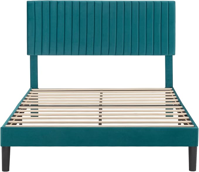 Allewie Queen Bed Frame, Velvet Upholstered Platform Bed with Adjustable Vertical Channel Tufted Headboard, Mattress Foundation with Strong Wooden Slats, Box Spring Optional, Easy Assembly, Teal