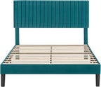 Allewie Queen Bed Frame, Velvet Upholstered Platform Bed with Adjustable Vertical Channel Tufted Headboard, Mattress Foundation with Strong Wooden Slats, Box Spring Optional, Easy Assembly, Teal