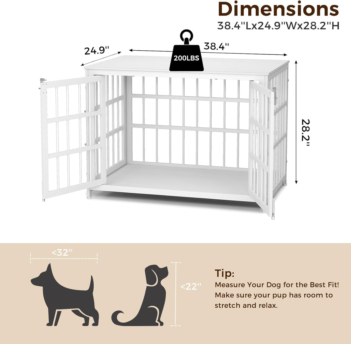 38 Inch Heavy Duty Wooden Dog Kennel End Table with Double Door Design and Secure Locks, Indoor Pet Crate Furniture for Medium Dogs, Decorative Home Cage Design,White