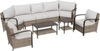 COOS BAY Aurora Terrace Half-Moon Outdoor Furniture Set, Rattan Conversation Set with Patio Chairs, Curved 5-Seat Sofa, Coffee Table & Side Table, Seats 7, Beige/Beige