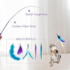 SONGWAY Interactive Cat Feather Toy Set - Retractable Teaser Wand with 6 Pcs Feather Refills with Bell, Cat Wand Toys for Indoor Cats Kittens Play Chase Exercise, Blue