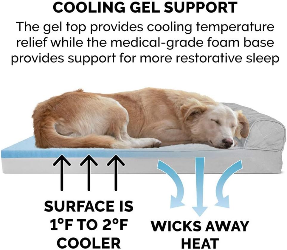 Furhaven Cooling Gel Dog Bed for Large Dogs w/ Removable Bolsters & Washable Cover, For Dogs Up to 95 lbs - Two-Tone Plush Faux Fur & Suede L Shaped Chaise - Stone Gray, Jumbo/XL