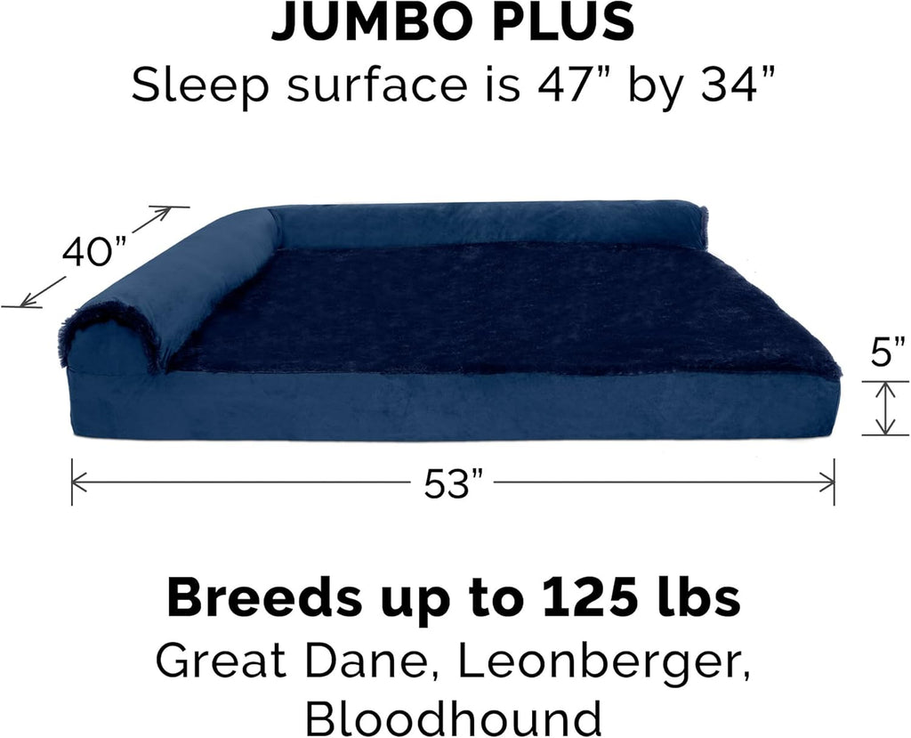 Furhaven Cooling Gel Dog Bed for Large Dogs w/ Removable Bolsters & Washable Cover, For Dogs Up to 125 lbs - Plush & Velvet L Shaped Chaise - Deep Sapphire, Jumbo Plus/XXL