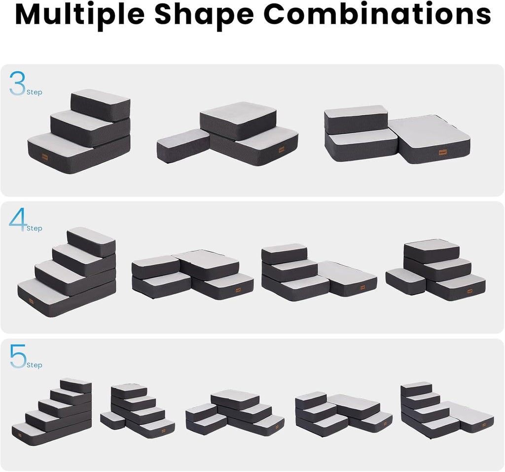3-Step Adjustable Dog Stairs for Sofa and Couch, Dog Steps for Small Dogs and Cats, Foldable Pet Stairs for Low Bed Climbing, Non-Slip Pet Step Indoor, Grey