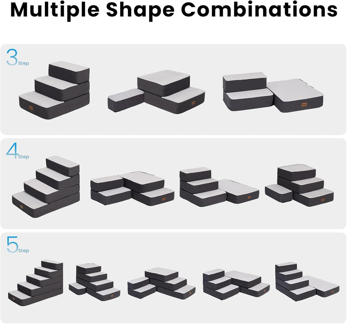 3-Step Adjustable Dog Stairs for Sofa and Couch, Dog Steps for Small Dogs and Cats, Foldable Pet Stairs for Low Bed Climbing, Non-Slip Pet Step Indoor, Grey
