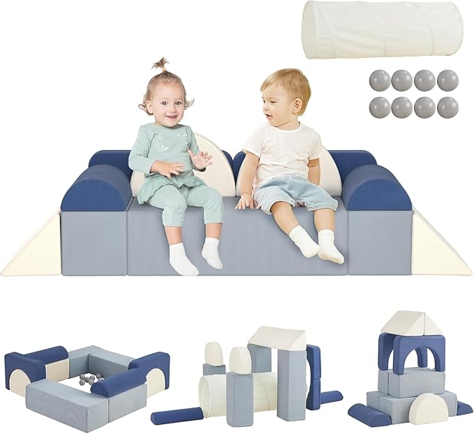 Asweets Kids Play Couch with Tunnel and Balls, Play Couch for Toddlers, Kids Foam Convertible Play Building Fort for Christmas and New Year, Blue