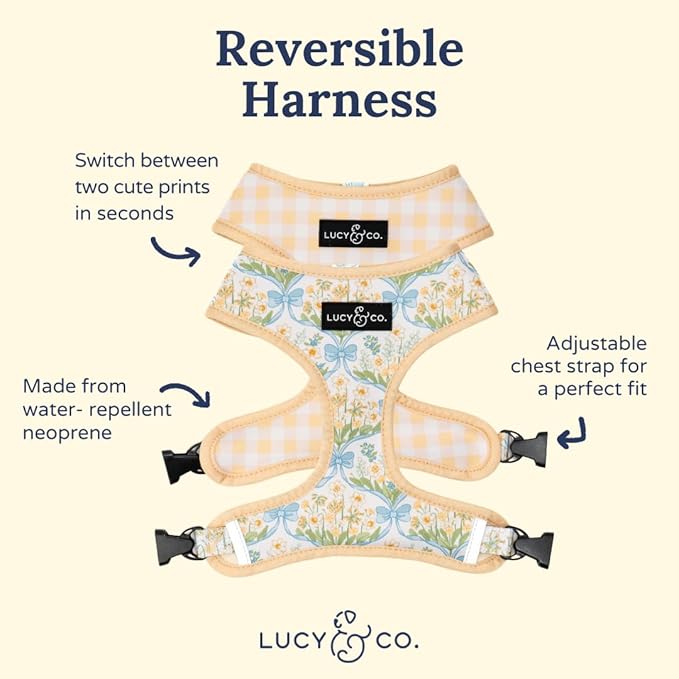 Lucy & Co. Reversible Dog Harness - Water-Repellent Neoprene, Dual-Print Design, Easy Swap Style, Adjustable Comfort Fit - Sunshine Daffodils Reversible Harness - Medium