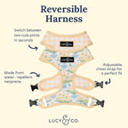 Lucy & Co. Reversible Dog Harness - Water-Repellent Neoprene, Dual-Print Design, Easy Swap Style, Adjustable Comfort Fit - Sunshine Daffodils Reversible Harness - X-Large