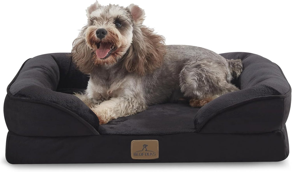 Bedfolks Orthopedic Dog Bed, Waterproof Dog Sofa Bed for Small Dogs & Cats, Egg Foam Pet Couch Bed with Removable Washable Cover and Nonslip Bottom, Black