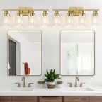 4 Light Bathroom Light Fixtures, Brass Vanity Lights for Bathroom with Clear Glass Shades, Modern Bathroom Wall Sconces for Mirror Living Room Cabinet