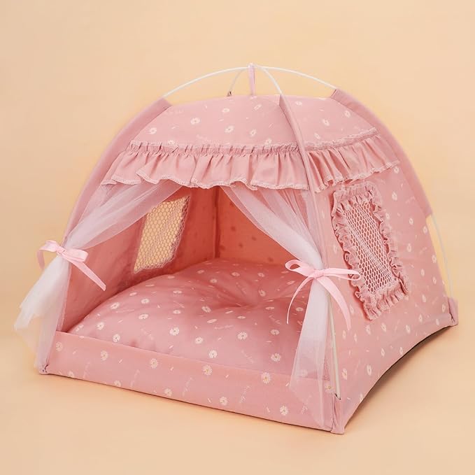 Cat Bed Tents Dog House Indoor Outdoor Lace Mesh Breathable Windows Door Curtains Removable Portable Nest Teepe House (Large,Pink(Ruffled Teim))