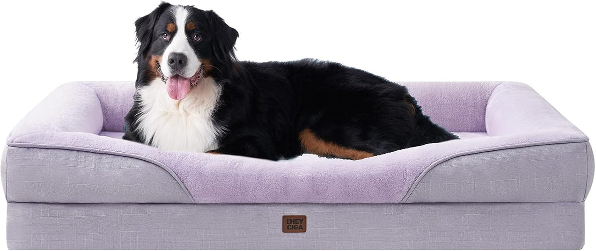 EHEYCIGA Memory Foam XXL Dog Bed for XLarge Sized, Extra Large Orthopedic Dog Sofa with Sides and Waterproof Liner, Washable Bolster Pet Couch with Removable Cover, 52x41x8 Inch, Purple