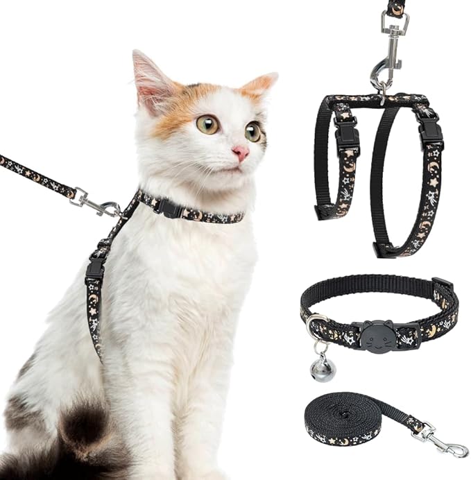 PAWCHIE Cat Harness with Leash and Collar Set - Escape Proof Adjustable H-shped Cat Harness with Star and Moon Pattern Glow in The Dark for Kitty Outdoor Walking