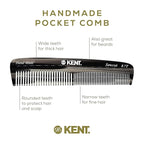 Kent R7T Graphite Double Tooth Hair Pocket Comb, Small Fine/Wide Tooth Comb For Grooming Styling Hair, Beard and Mustache, for Men, Women and Kids. Saw Cut and Hand Polished. Handmade in England