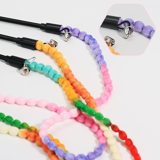 Interactive Cat Toys, 3 Pcs Cat Wand Toys for Indoor Kitten with Colorful Bead Shape Hemp Rope and Small Bell, Kitty Teaser String Toy for Indoor Cats to Chase and Exercise
