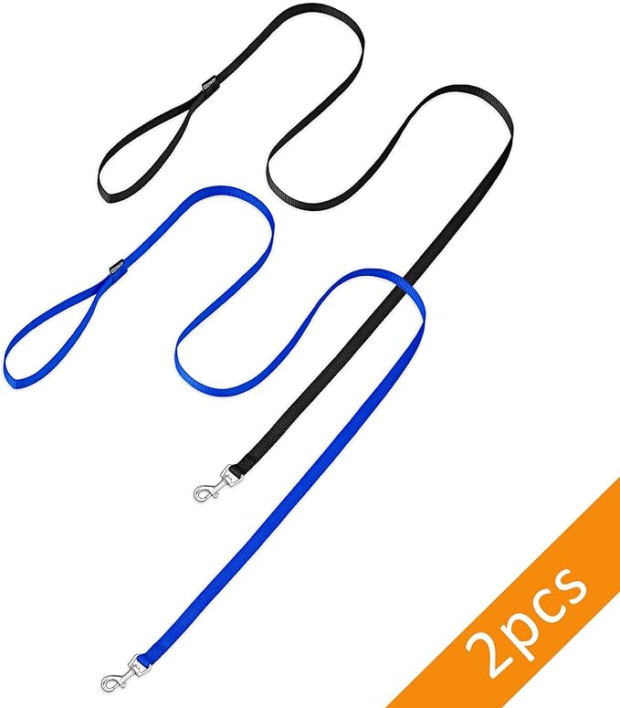 AMAGOOD 6 FT Puppy/ Dog Leash, Strong and Durable Traditional Style Leash with Easy to Use Collar Hook, Great for Small, Medium and Large Dogs (5/8 in x 6 ft, Black and Blue (2-Pack))
