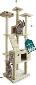 FurHaven 69.3" Tall Cat Scratching Post Tower for Indoor Cats, Sisal Cat Tree with 2 Condos, Tiger Tough Double Decker Playground, Toys & Perches for Cats, Sisal, Cream