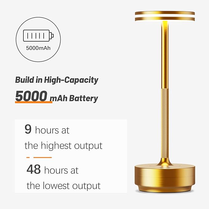 Hapfish Rechargeable Cordless Table Lamps, 5000mAh Battery Operated Lamp, 3 Color Modes, Dimmable, LED Table Lamps for Living Room,Outdoor, Dinner,Patio,Restaurant– Gold