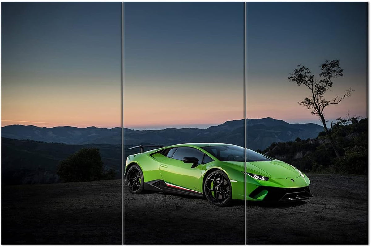TUMOVO Large Various Types Big Pictures of Racing, Green Canvas Wall Art Framed Sports Car Boys Fast Car Cool Sports Poster 3 Panel 3D Diamond Print Painting - 40 x 20inch x 3 Panels