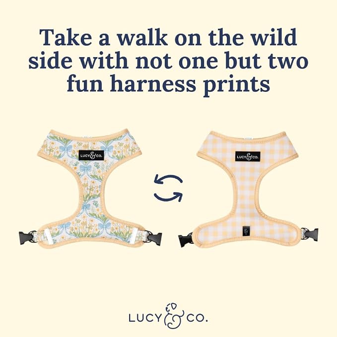 Lucy & Co. Reversible Dog Harness - Water-Repellent Neoprene, Dual-Print Design, Easy Swap Style, Adjustable Comfort Fit - Sunshine Daffodils Reversible Harness - X-Large