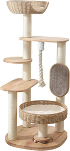 Wooden Cat Tree for Large Cat, 49.6-Inch Tall Cat Tower with Scratching Post for Indoor Cats, Multi-Level Cat Condo with Hand-Woven Cat Bed and Scratching Board Easy to Clean