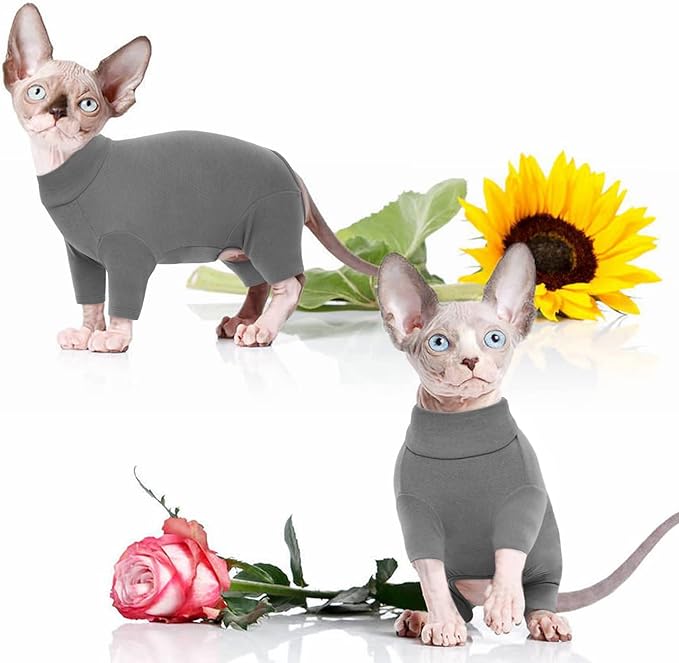 ROZKITCH Cat Pajamas for Cats Only, Breathable Soft Jumpers for Sphynx Only, Coat with Four Legs, Warm Sweater T-Shirt Pajamas Jumpsuit Vest Cornish Rex, Devon Rex, Peterbald Grey M