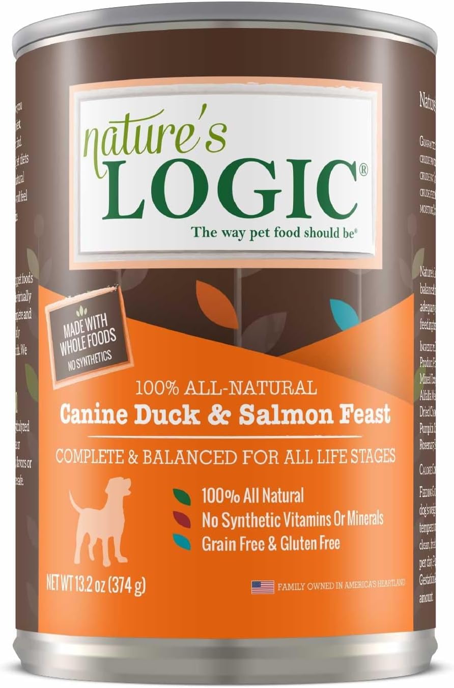 Nature's Logic Grain-Free Canned Dog Food - 95% Animal Proteins - 100% Natural Wet Dog Food Cans - No Common Allergens - All Life Stages - Ideal for Sensitive Dogs - Duck & Salmon (13.2 oz, 12 pack)