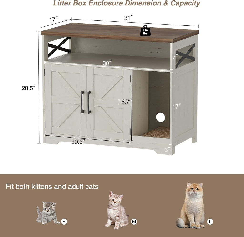Cat Litter Box Enclosure, Hidden Litter Box Furniture with Scratch Pad, Farmhouse Indoor Cat House Washroom End Table, White