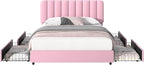 VECELO Queen Size Upholstered Bed Frame with 4 Drawers and Headboard, Velvet Platform Storage Bedframe, Wooden Slats Support, No Box Spring Needed,Pink