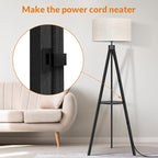 LEPOWER Tripod Floor Lamp, Mid Century Wood Standing Lamp, Modern Design Shelf Floor Lamp for Living Room, Bedroom, Office, Flaxen Lamp Shade with E26 Lamp Base Black