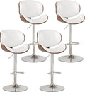 KCC Bar Stools Set of 4, Swivel Adjustable Height Barstools, PU Leather Upholstered Bar Chairs with Footrest, Bentwood Bar Stool for Kitchen, Bar, Dining Room(White PU)