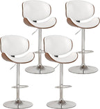 KCC Bar Stools Set of 4, Swivel Adjustable Height Barstools, PU Leather Upholstered Bar Chairs with Footrest, Bentwood Bar Stool for Kitchen, Bar, Dining Room(White PU)