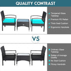 COSTWAY 3 PCS Patio Wicker Conversation Set, PE Rattan Sofa with Tempered Glass Coffee Table, 2 Chairs, 2 Cushions, Outdoor Patio Furniture Set for Yard Porch Bistro Balcony Backyard Pool, Turquoise