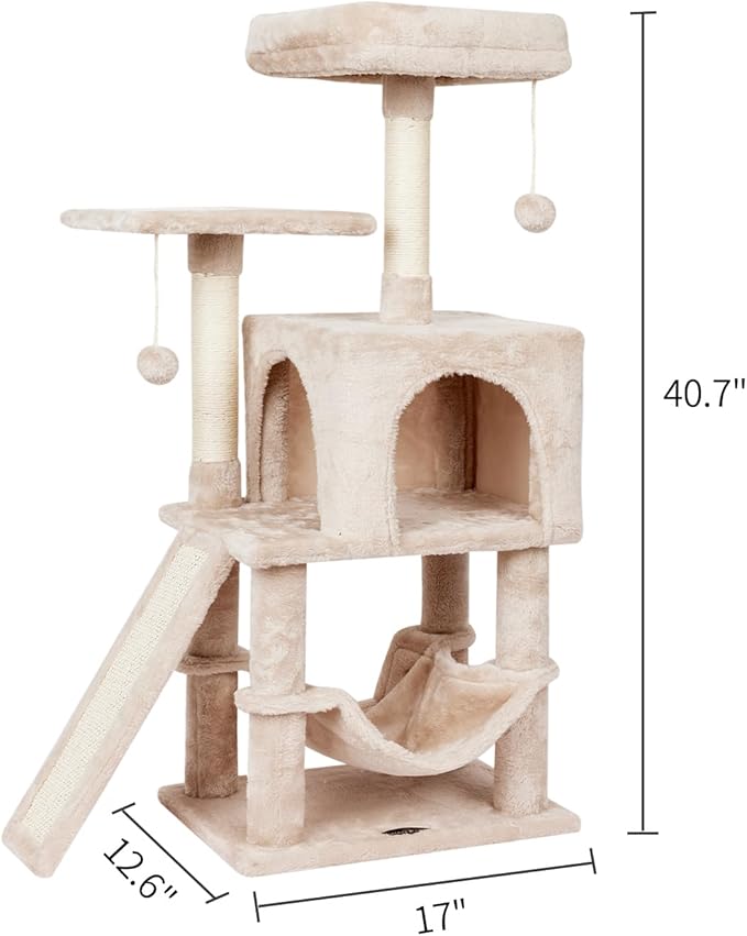 MIAO PAW Cute Cat Tree Tower for Indoor Cat Tower with Scratching Post Modern Activity House Hammock Hanging Ball Condo with Board Beige