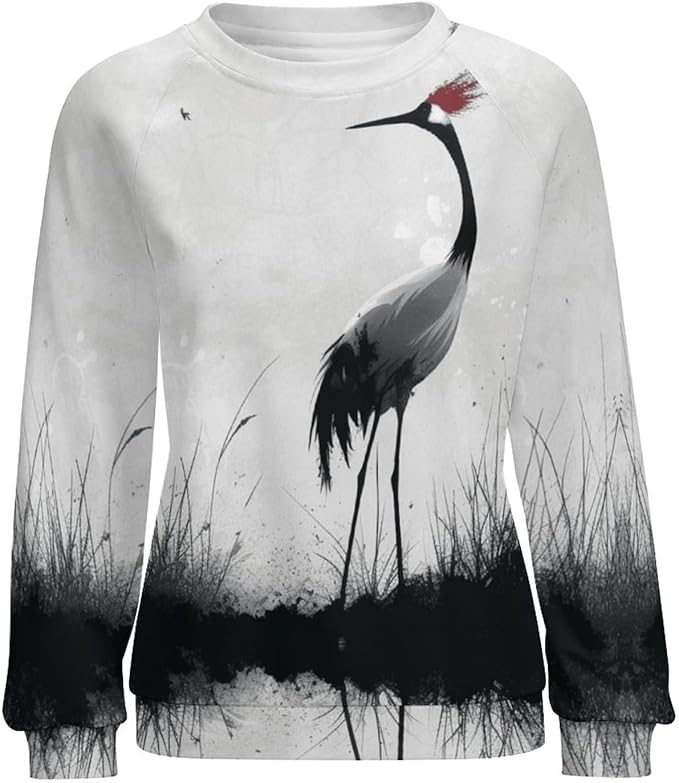 Womens Long Sleeve Tops Y2k Japanese Art Print Sweatshirts Fall Pullover for Women Crewneck Vintage Shirts Boho Tops