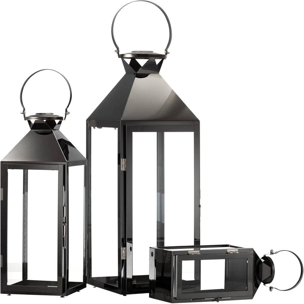 MATICO Stainless Decorative Pinnacle Candle Lantern Set of 3, Hanging Decor Hurricane Lantern Candle Holder for Festival Ceremony Home Decor, Both Indoor & Outdoor Use, Black