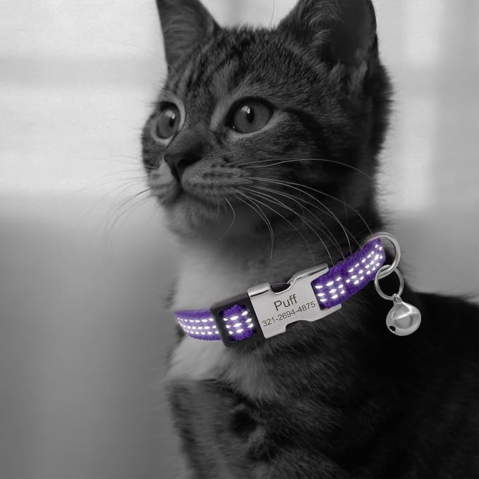Personalized Reflective Nylon Cat Collar with Name Phone,Custom Engraved Buckle Cat Collar with Bell,Adjustable for Small Dogs Puppy Kitten (Purple,fit 7.5''-12.0'')