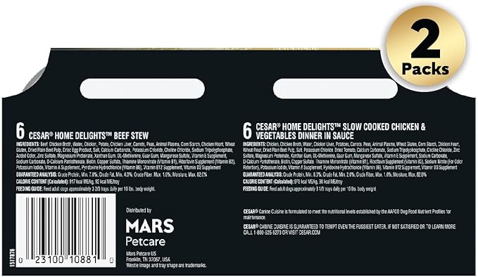 Cesar Home Delights Adult Wet Dog Food, Slow Cooked Chicken & Vegetables Dinner and Beef Stew Variety Pack, 3.5 oz. (12 Count, Pack of 2)