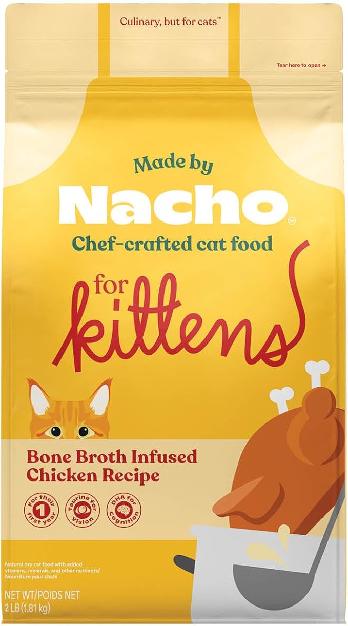 Made by Nacho Kitten Dry Kibble Infused with Bone Broth, Healthy High Protein Cat Food, Cage-Free Chicken and Chicken Liver, 2lb Bag